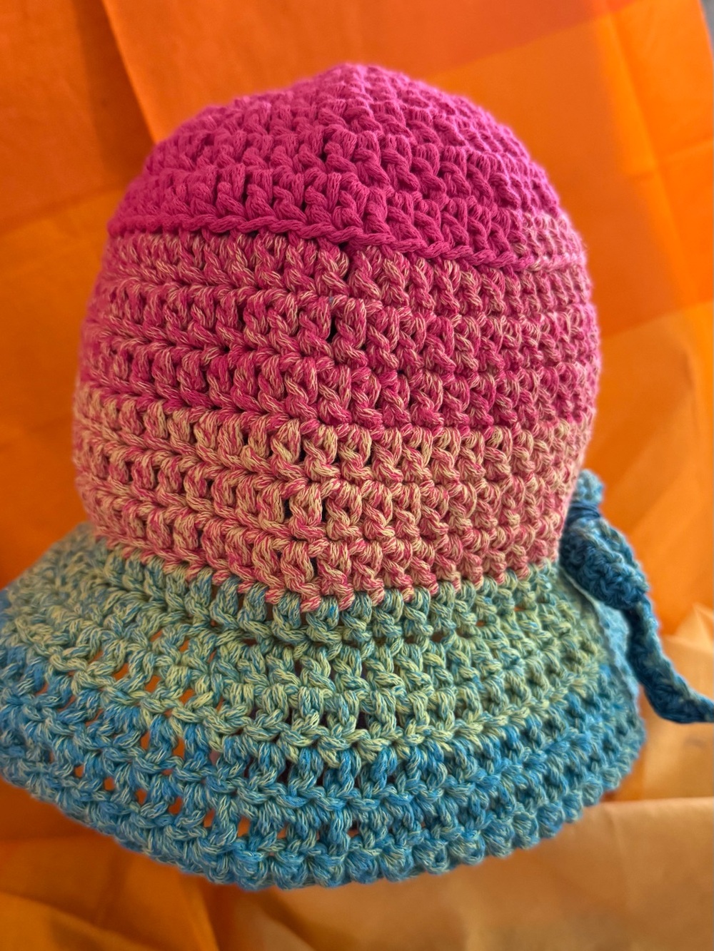 Hand-wCrocheted Woman’s Sun Hat in Pink, Peach & Blue
